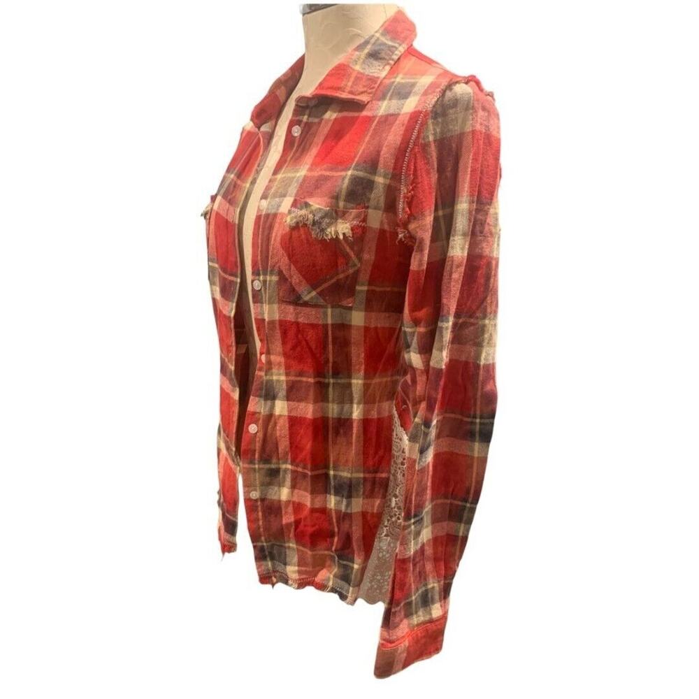 Small White Crow Anthropologie Red Plaid Womens Flannel Shirt Crochet Trim